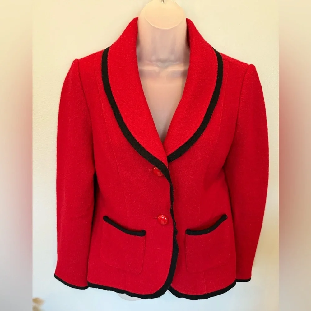 Grace Elements 100% Wool Red Blazer with Black Trim - Size 10
